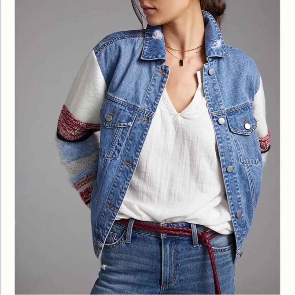 🩵❤️ Anthropologie Avec Les Filles Sweater-Sleeved Denim Trucker Jacket